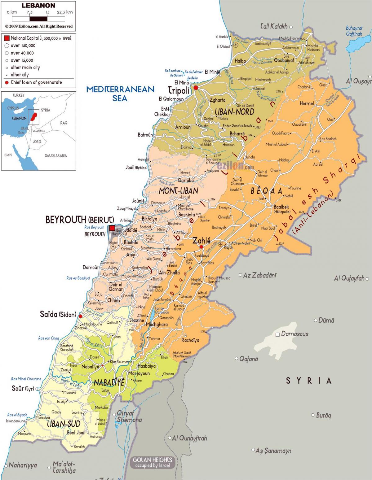 Líbano mapa detalhado