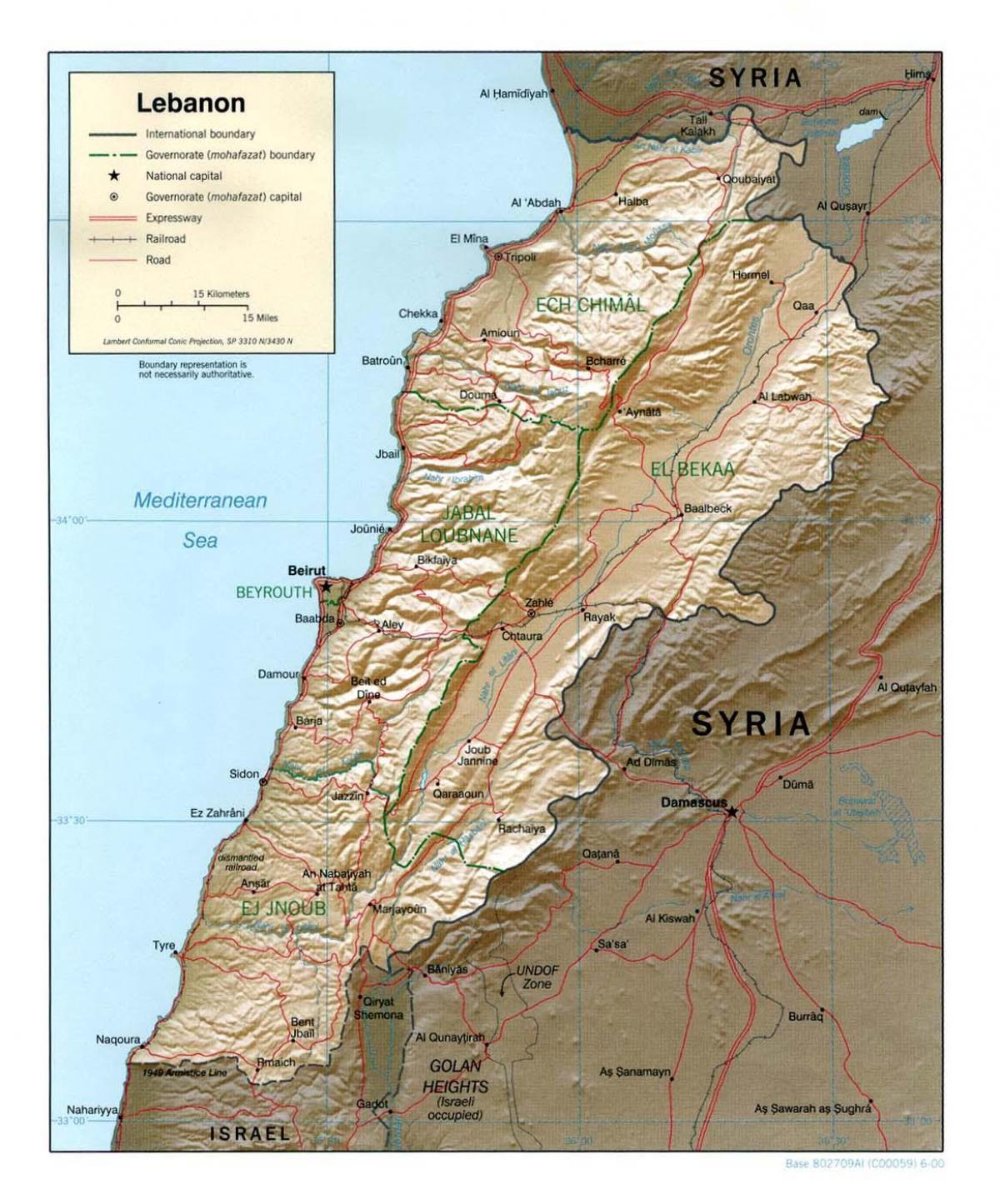 mapa do Líbano topográfico